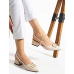 Albishoes Kadın Kare Topuklu 4 cm Rugan Sivri Burun Arkası Açık V Toka Iş Ofis Günlük Kadın Ayakkabı - Krem