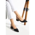 Albishoes Kadın Kare Topuklu 4 cm Rugan Sivri Burun Arkası Açık V Toka Iş Ofis Günlük Kadın Ayakkabı - Siyah Cilt