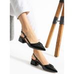 Albishoes Kadın Kare Topuklu 4 cm Rugan Sivri Burun Arkası Açık V Toka Iş Ofis Günlük Kadın Ayakkabı - Siyah Rugan