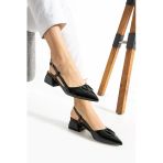 Albishoes Kadın Kare Topuklu 4 Cm Rugan Sivri Burun Arkası Açık V Toka İş Ofis Günlük Kadın Ayakkabı