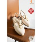 Albishoes Kadın Topuğu Açık Babet Önü Kapalı Taşlı Arkası Açık Düz Taban Kadın Babet Sandalet - Krem