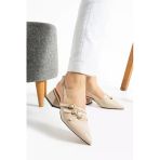 Albishoes Kare Topuk 4 Cm Rugan Toka Detaylı Arkası Açık Sivri Burun İş Ofis Günlük Kadın Ayakkabı