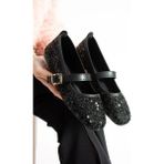 Albishoes Pullu Simli Toka Detaylı Kadın Şık Günlük Babet Konforlu Rahat Taban Taşlı Kadın Babet - Siyah