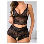 Albonse Kadın Siyah Dantel Crop Bralet ve Yüksek Bel Transparan Şort Takımı