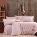 Alena Home Pamuklu Otel Serisi Çizgili Çift Kişilik Nevresim Takımı (Lastikli Çarşaflı) - Pudra - 180 x 200 cm