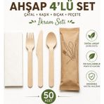 Alenked Ahşap 4'şü Set Çatal Kaşık Bıçak Peçete Ikram Seti 50 Adet