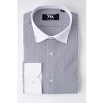 alenmeza Erkek Siyah Beyaz Çizgili Beyaz Yakalı Casual Kolay Ütülenebilir Cepsiz Modern Fit Gömlek