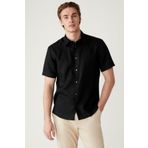 Alenmeza Erkek Siyah Keten Modern Fit Cepsiz Gömlek