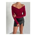alenmoda Asimetrik Madonna Yaka Uzun Kol Sandy Crop Bluz