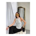 alenmoda Kadın Boyun Bağlama Detaylı Puantiyeli Bluz