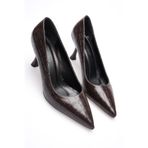 AleWomen Kahve Krokodil Desenli Deri Alçak 8 cm Topuk Shoper Stiletto Topuklu Kadın Ayakkabı
