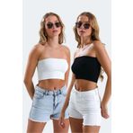 Alexa Dash İkili Straplez Kesim Normal Kalıp Esnek Kumaş Crop Bluz
