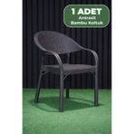 Alezy Bambu Plastik Rattan Desenli Kollu İstiflenebilir Tekli Balkon Bahçe Koltuk Antrasit