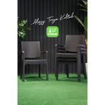 Alezy Troy Plastik Rattan Desenli Koltuk Kollu Balkon Bahçe Koltuğu 4'lü Set Kahverengi