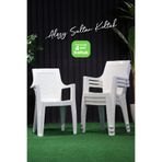 Alezy Zeugma Plastik Rattan Desenli Sırtlı Kollu Koltuk Balkon Bahçe Sandalyesi 4 Adet Beyaz