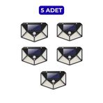 ALFAGİFT 5 Adet Güneş Enerjili 100 LED Sensörlü Duvar Bahçe Lambası, Solar Dış Mekân Aydınlatma