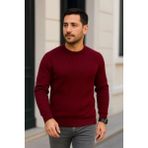 Alfanora Erkek Bisiklet Yuvarlak Yaka Triko Kazak Pamuklu Kalın Fitilli Dokuma, Regular Fit Uzun Kollu Kışlık Model - Bordo