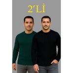 Alfanora Erkek Fitilli Triko Kazak 2’li Set – Siyah & Haki, Kalın Dokuma Pamuklu Regular Fit Bisiklet Yaka Uzun Kollu Rahat Kışlık Kazak Kombini - Siyah - Haki