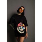 Alfanora Kadın Mario Baskılı T-Shirt Oversize kısa Kol Bisiklet Yaka Tişort - Siyah - 2XL