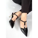 Alfaze Siyah Cilt Taş Detaylı T Bant Slingback Gold Topuklu Ayakkabı Topuk Boyu 7,5 cm