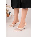 ALFHA Kadın Beyaz Dantel Abiye Ayakkabı Slingback Sivri Burun İnce Topuk Şık Gelin Düğün Nişan 7cm