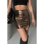 ALFUDO Moda Collection Asetat Kumaş Parlak Mini Bronz Etek