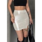 ALFUDO Moda Collection Asetat Kumaş Parlak Mini Ekru Etek
