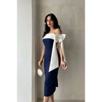 ALFUDO Moda Collection Brıanna Lacivert Beyaz Renk Midi Mezuniyet Elbisesi
