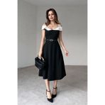 ALFUDO Moda Collection Çift Renk Midi Kemerli Elbise Siyah Beyaz