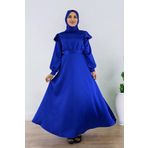ALFUDO Moda Collection Cindy Saten Uzun Omuz Detaylı Tesettür Mezuniyet Abiye Elbise Saks Mavisi
