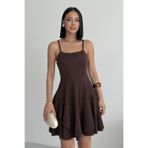 ALFUDO Moda Collection Ince Askılı Eteği Kat Detay Kahverengi Abiye Mezuniyet Elbisesi