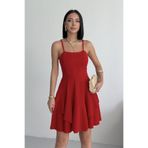 ALFUDO Moda Collection Ince Askılı Eteği Kat Detay Kırmızı Abiye Mezuniyet Elbisesi