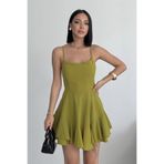 ALFUDO Moda Collection Ince Askılı Eteği Kat Detay Yağ Yeşili Abiye Mezuniyet Elbisesi
