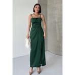 ALFUDO Moda Collection İnce Askılı Göğüs Drapeli Saten Zümrüt Elbise
