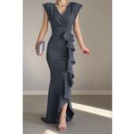 ALFUDO Moda Collection Kadın Gri Scuba Dalgıç Kumaş Kruvaze Yaka Eteği Volanlı Abiye Mezuniyet Nikah Elbise