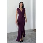 ALFUDO Moda Collection Kadın Mürdüm Scuba Dalgıç Kumaş Kruvaze Yaka Eteği Volanlı Abiye Mezuniyet Nikah Elbise
