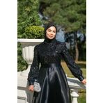 ALFUDO Moda Collection Kadın Pul Detaylı Saten Tesettür Mezuniyet Abiye Elbisesi Siyah