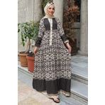 ALFUDO Moda Collection Kadın Siyah Krem Desenli Viskon Tesettür Elbise