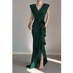 ALFUDO Moda Collection Kadın Zümrüt Scuba Dalgıç Kumaş Kruvaze Yaka Eteği Volanlı Abiye Mezuniyet Nikah Elbise