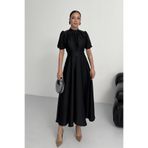 ALFUDO Moda Collection Nil Lacivert Kloş Etek Kısa Kol Midi Boy Saten Abiye Elbise Siyah