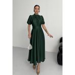 ALFUDO Moda Collection Nil Lacivert Kloş Etek Kısa Kol Midi Boy Saten Abiye Elbise Zümrüt Yeşili