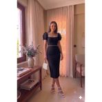 ALFUDO Moda Collection Siyah Midi Boy İncili Balon Kol Abiye Mezuniyet Elbise