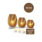 ALGWOOD Lazer Kesim MDF Dekoratif Masa Lambası – Dalga Desenli | 3’lü Set | Pilli Tealight Mum Dahil