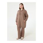 ALİA Fermuarlı Kapüşonlu Spor Büyük Beden Sweatshirt - Vizon -