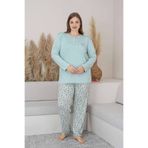 ALİMER Büyük Beden Pijama Takımı - Su Yeşili Çiçek Desen Uzun Kol Likralı Viskon 2874UYB