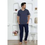 Alimer Erkek Desenli V Yaka Düğmesiz Pamuk Kısa Kol Cepli Pijama Takımı - 2XL - Indigo