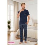 Alimer Erkek Ekose Desenli Düğmesiz V Yaka %100 Pamuk Penye Kısa Kol Cepli Pijama Takımı - Indigo - 2XL