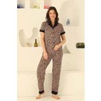 ALİMER Kısa Kollu Leopar Önden Düğmeli Pijama Takımı (1, Siyah - Leopar Desenli, m)