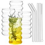 ALINK Pipetli Pipetli Pipetli Bardaklar 4'lü Set, 16 oz Estetik Buzlu Kahve Bardağı, Dalga Kabarcık Bardak, Dalgalanma Cam Eşyaları, Kokteyl, Süt, Soda, Fırça ile Hediye