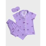 Aliş Kids Anne-Kız Çocuk Pamuklu Lila Kurdele Desenli Gömlek Yaka Düğmeli Kısa Kollu Uyku Gözlüklü Pijama Takımı - 14 Yaş